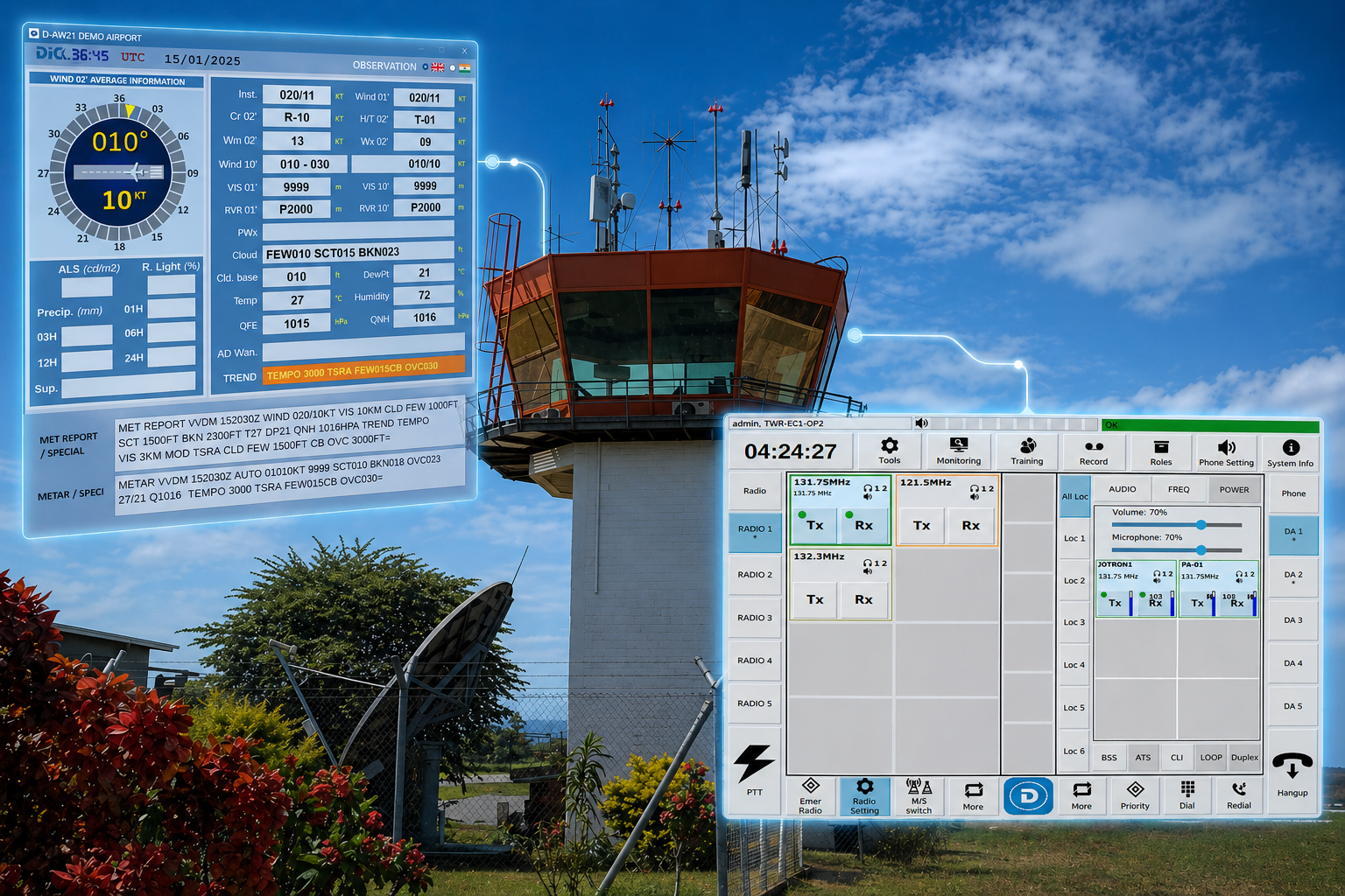 Integrated ATC and meteorological system at airport with control tower, AWOS weather display and VCCS communication interface by DICOM